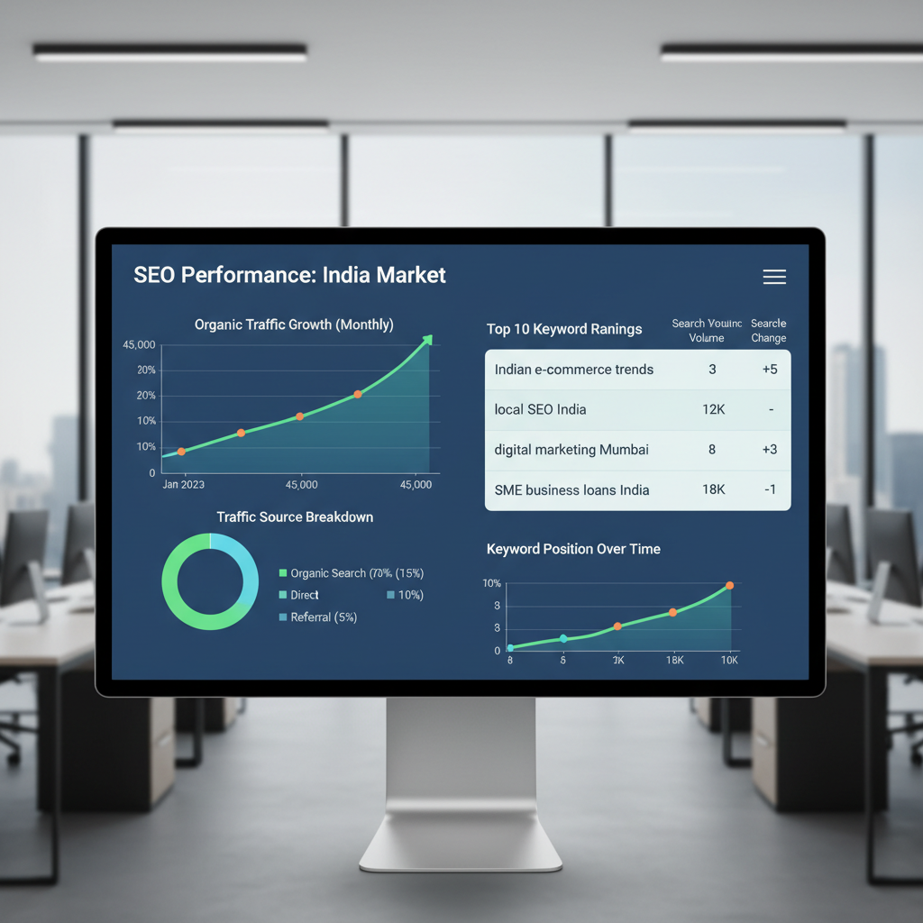 SEO analytics dashboard showing organic traffic growth charts on a bright laptop screen in a modern office